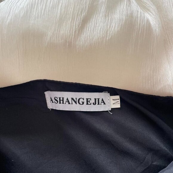 Vintage | Off Shoulder Cream Muslin Drape Black Midi Cocktail Dress | Size M - Picture 8 of 8